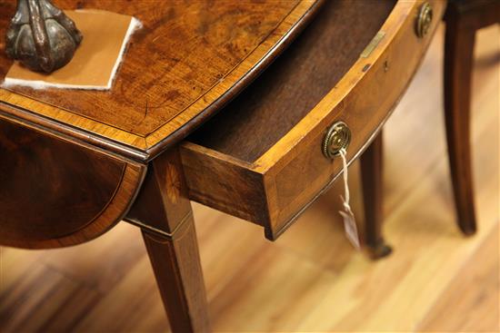 A George III mahogany and satinwood crossbanded oval Pembroke table, W.3ft 5.5in. extended